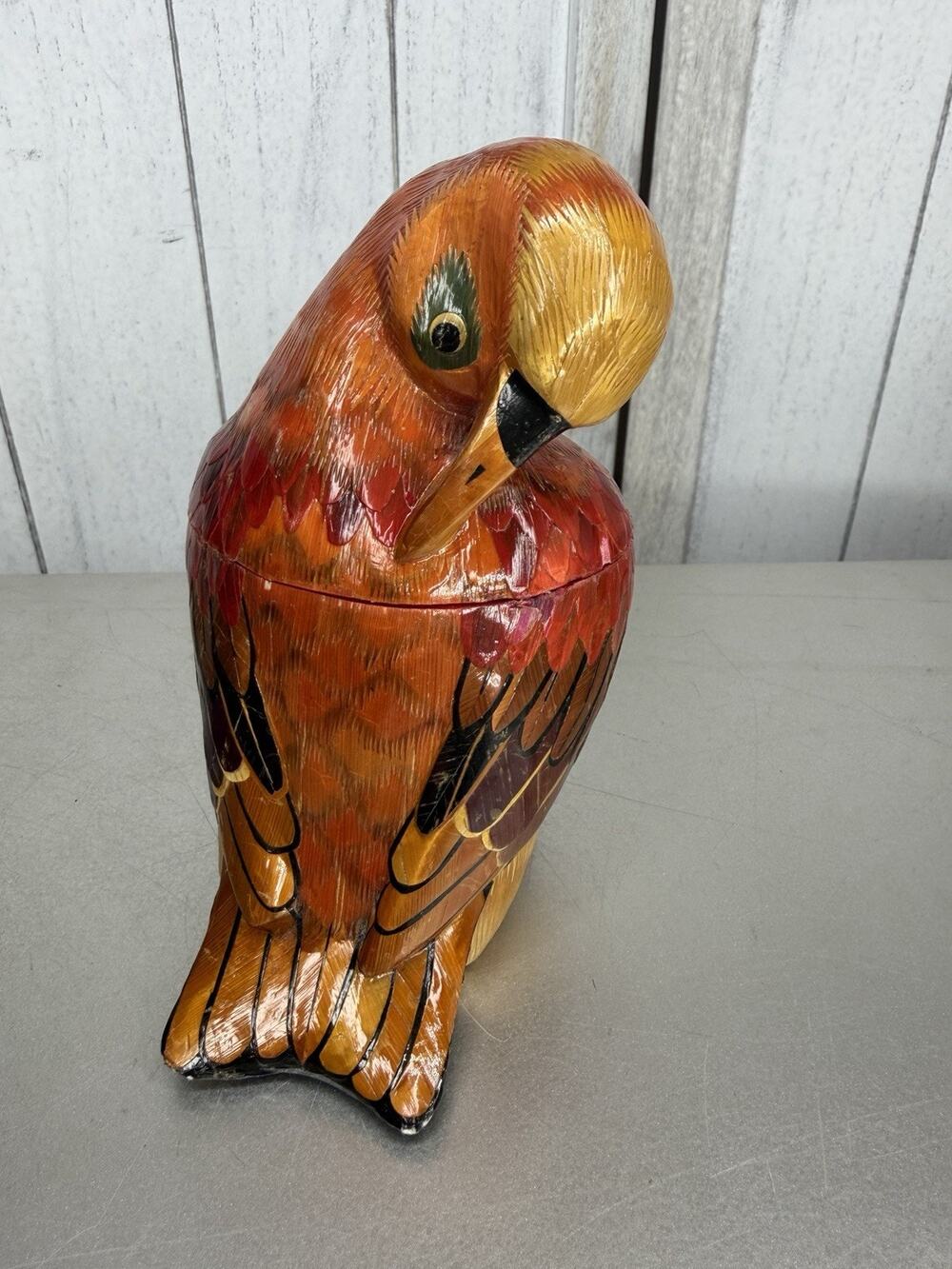 Vintage Straw Wood Woven Bird Shaped Trinket Box Decor Red Interior Colorful